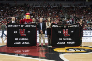 Jewell and Morgan were recognized at the men's basketball game by UofL Interim President Greg Postel (Center), 2008 Mr. Cardinal Brian Bennett and 2002 Ms. Cardinal Shannon Rickett. 