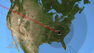 Map showing the path of totality (red) during the total solar eclipse of August 21, 2017. Image courtesy NASA.