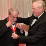 Dr. James Ramsey, UofL President, conferred the 2015 Leigh Ann Conn Prize for Renewable Energy to Dr. Daniel Nocera, left, the Patterson Rookwood Professor of Energy at Harvard University, during an award ceremony