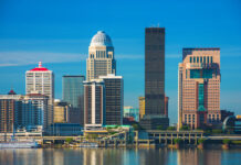 Louisville downtown skyline closeup view with the Ohio River.