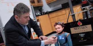 Dan Popa and other researchers at the Louisville Automation and Robotics Research Institute at the University of Louisville (LARRI) use social robots to focus on treating cognitive impairments in children on the autism spectrum. University of Louisville photo.