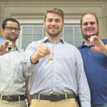 SoFab Inks LLC, a startup consisting of University of Louisville graduate students and mentored by UofL faculty members, is a finalist in the U.S. Department of Energy’s American-Made Perovskite Startup Prize. From left, Craig Grapperhaus, professor of chemistry, graduate students Sashil Chapagain, Blake Martin and Peter Armstrong and Thad Druffel, research theme leader. Photo by Andrew Marsh.