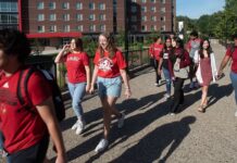 Students walking across campus.