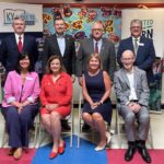 Kentucky state educational leaders announced the Kentucky Reading Research Center to be led by UofL’s College of Education and Human Development. Left to right, top row: Incoming Commissioner of Education Robbie Fletcher, Sen. Stephen West, Rep. James Tipton and Bourbon County Superintendent Larry Begley. Left to right, front row: KDE Chief Academic Officer Micki Ray, Interim Commissioner of Education Robin Fields Kinney, Kentucky Reading Research Center Director and CEHD Interim Dean Amy Lingo and UofL Provost Gerry Bradley. Photo by Crystal Sicard, Kentucky Department of Education.