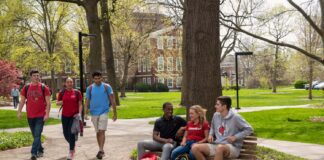 UofL students walking and sitting on campus.