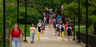 Students walking through the Belknap Campus.