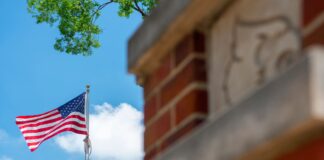 American flag on UofL's Belknap Campus.