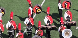 The Cardinal Marching Band at L&N Stadium on Saturday, Sept. 7. (Photo Credit: John-Michael Bassett)