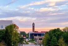 Sunrise over UofL's Belknap Campus.