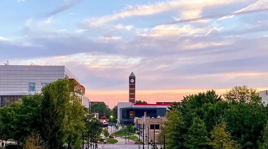 Sunrise over UofL's Belknap Campus.