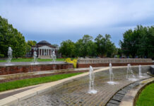 campus entrance with fountains