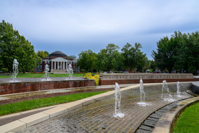 campus entrance with fountains